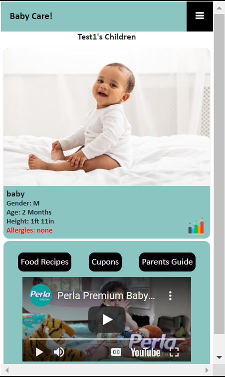 screen shot of baby care web/Mobile application